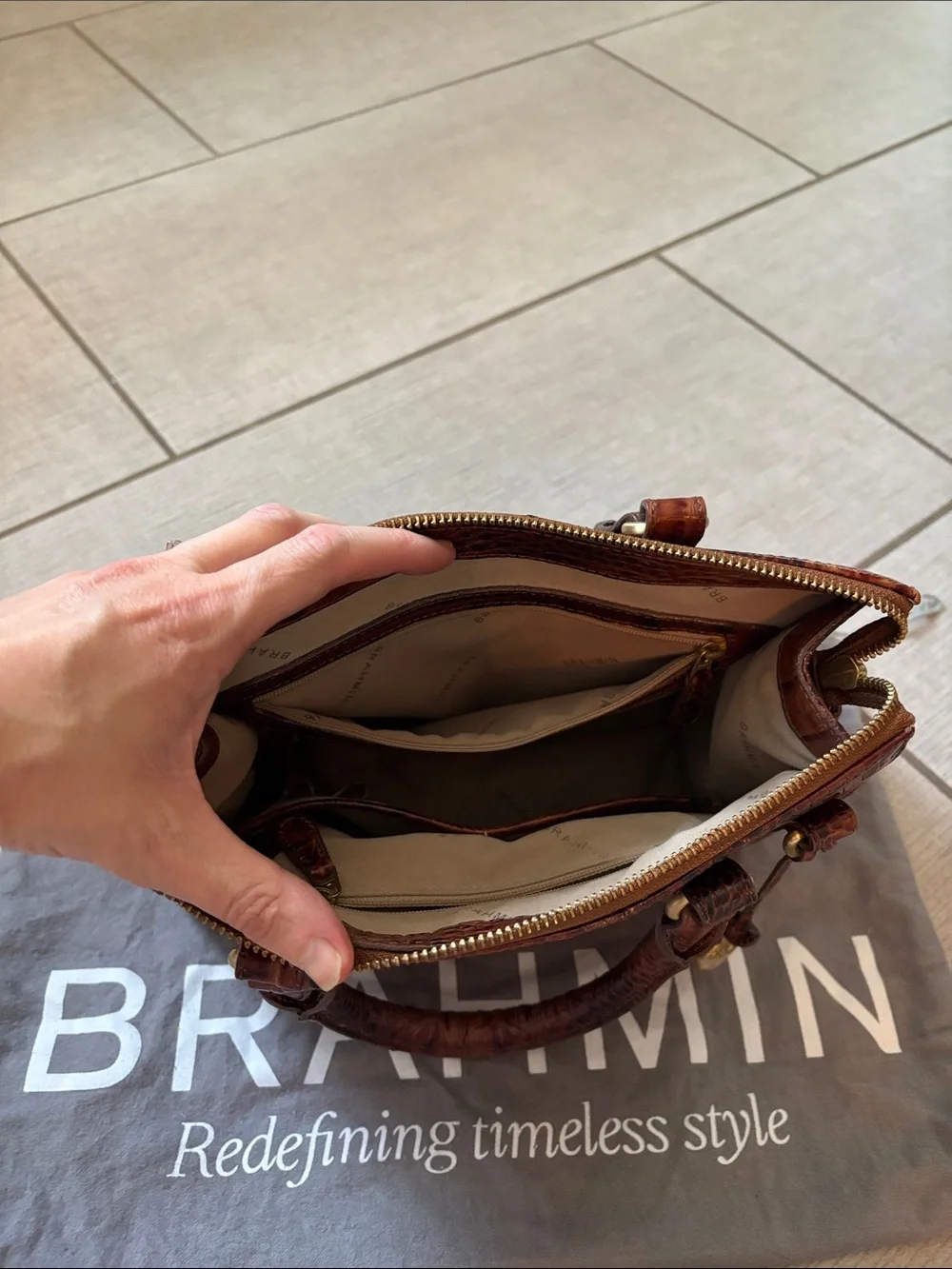 Brahmin Croc-Embossed Satchel in Pecan/Brown with Gold Hardware